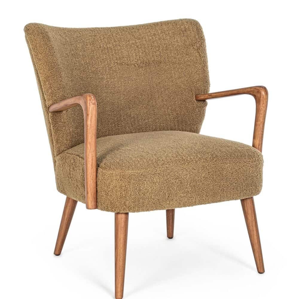 Sedia in stile vintage con struttura in legno e rivestimento beige, ideale per arredamento retrò.