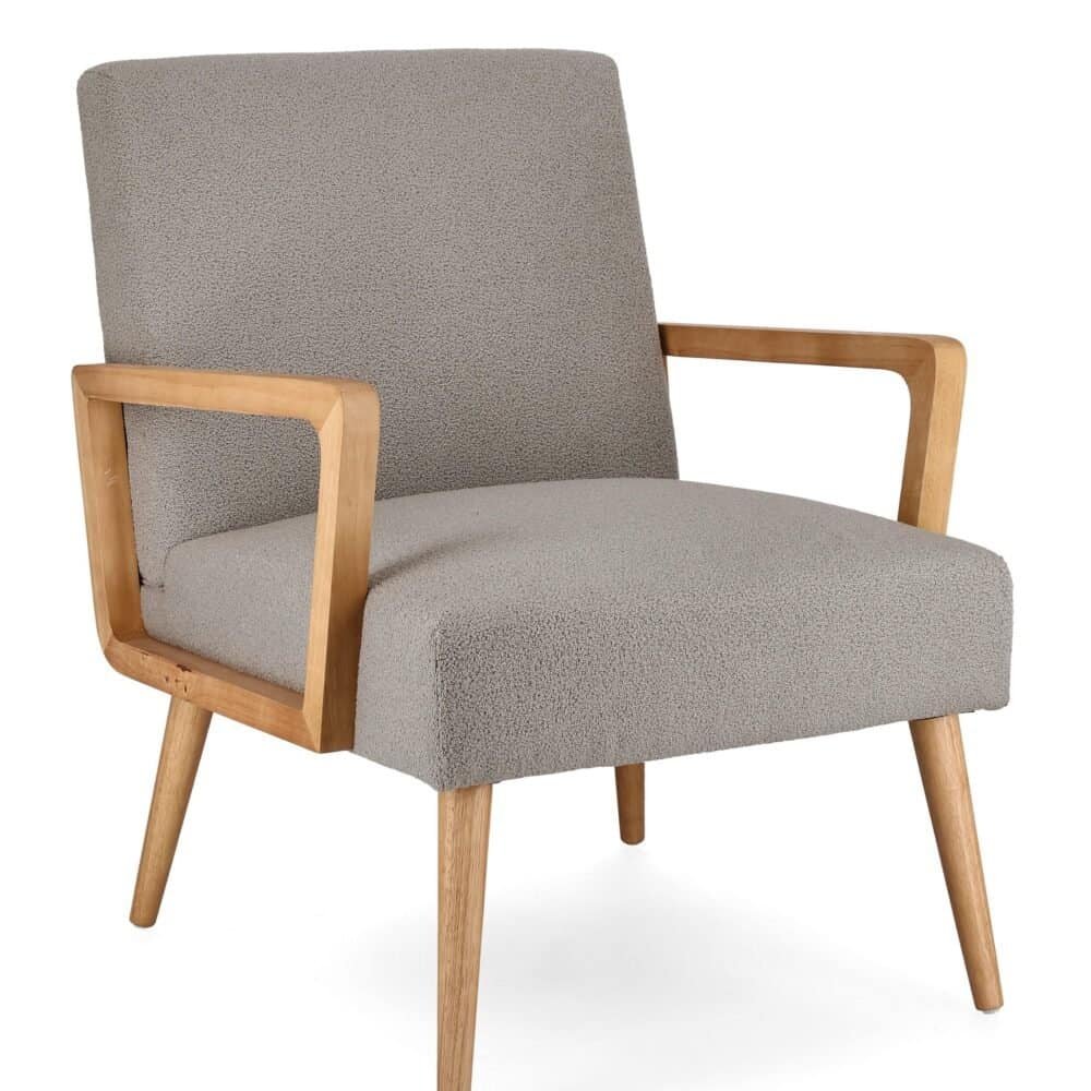 Poltrona moderna in tessuto, legno naturale, stile minimalista, comfort, arredamento casa.