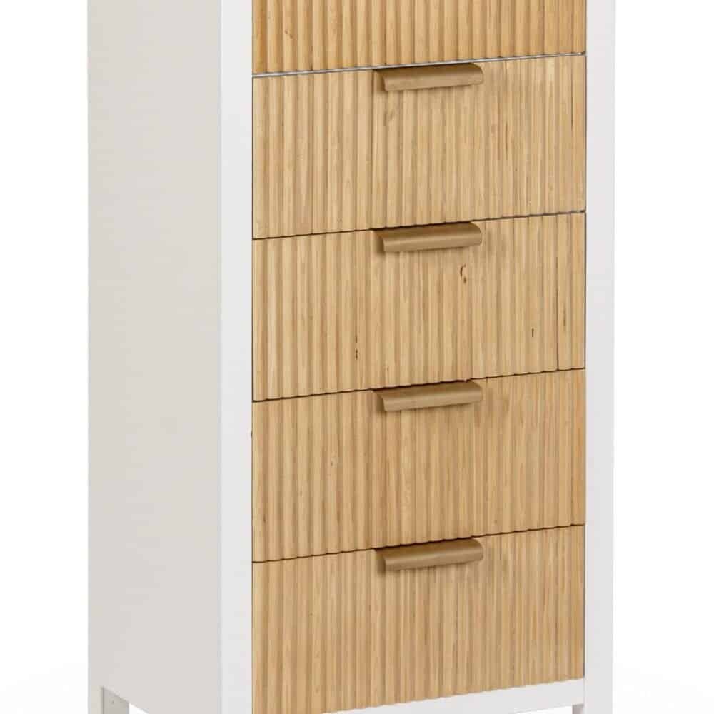 Cassettiera moderna in legno con finitura naturale e struttura bianca, ideale per arredi contemporanei.