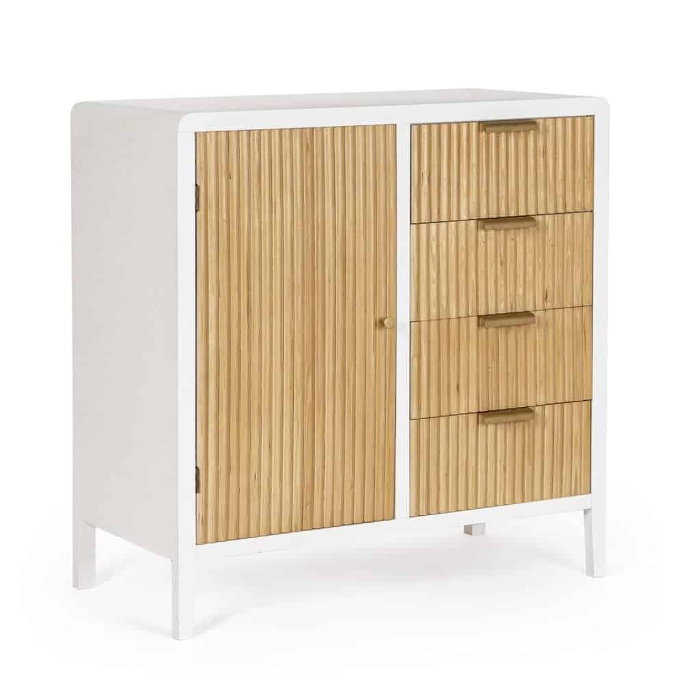 Credenza moderna con ante e cassetti in legno e struttura bianca, design minimal e funzionale.