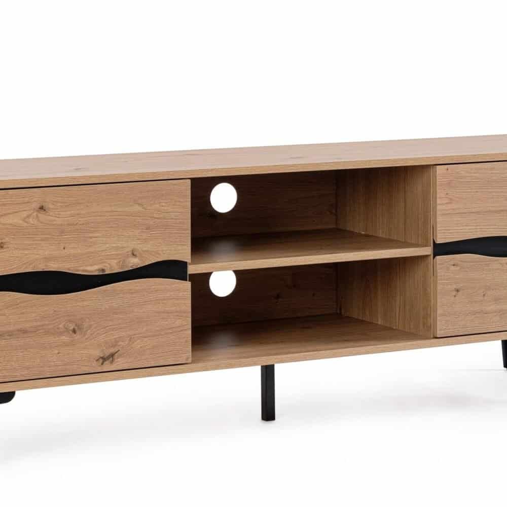 Mobile TV in legno con cassetti e dettagli neri, stile moderno e minimale.