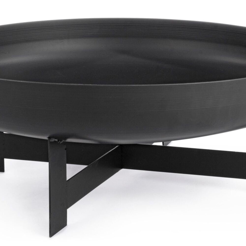 Vassoio nero elegante con base in metallo, perfetto per decorazioni e ospitalità.