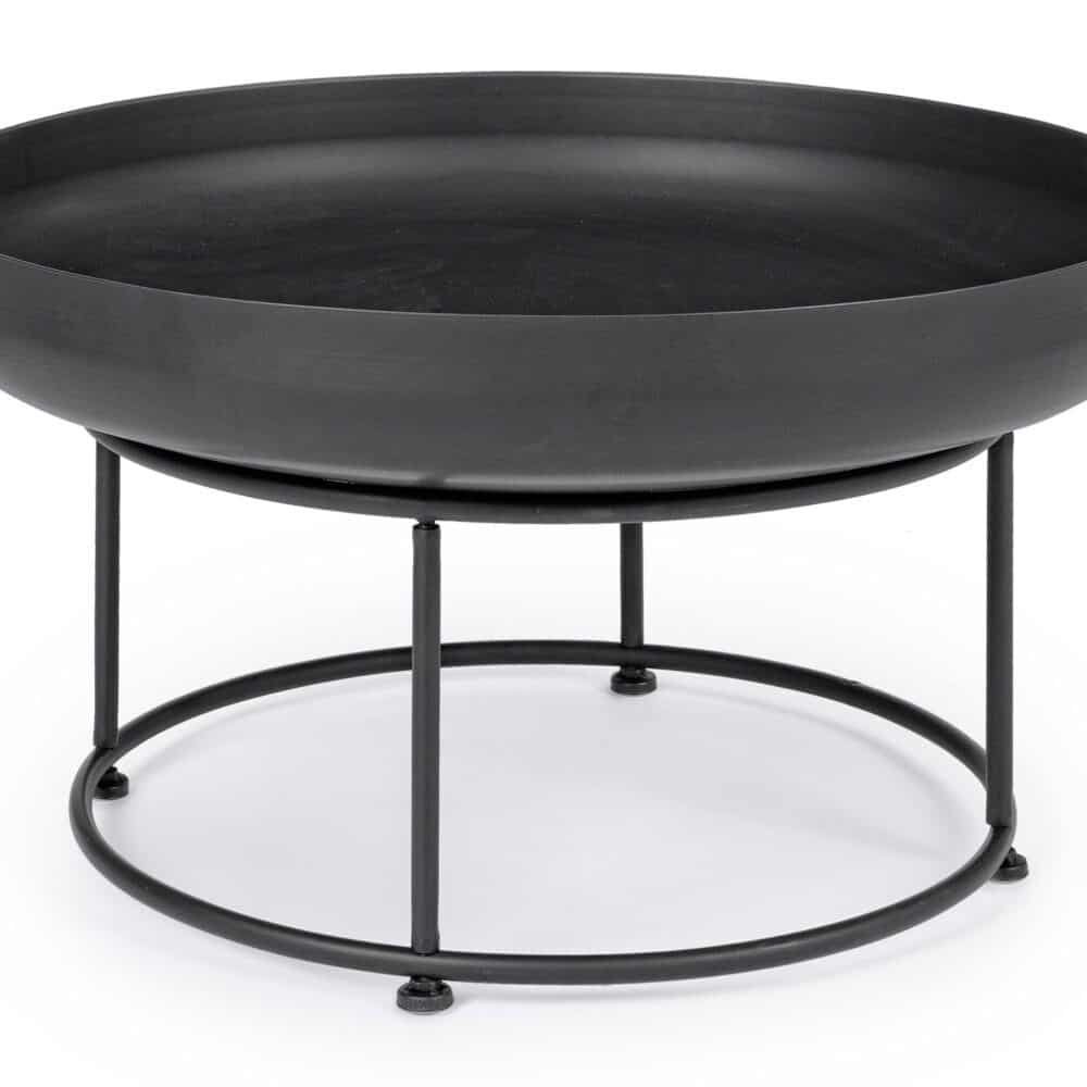 Vassoio nero con elegante base in metallo, perfetto per arredare ambienti interni o esterni.