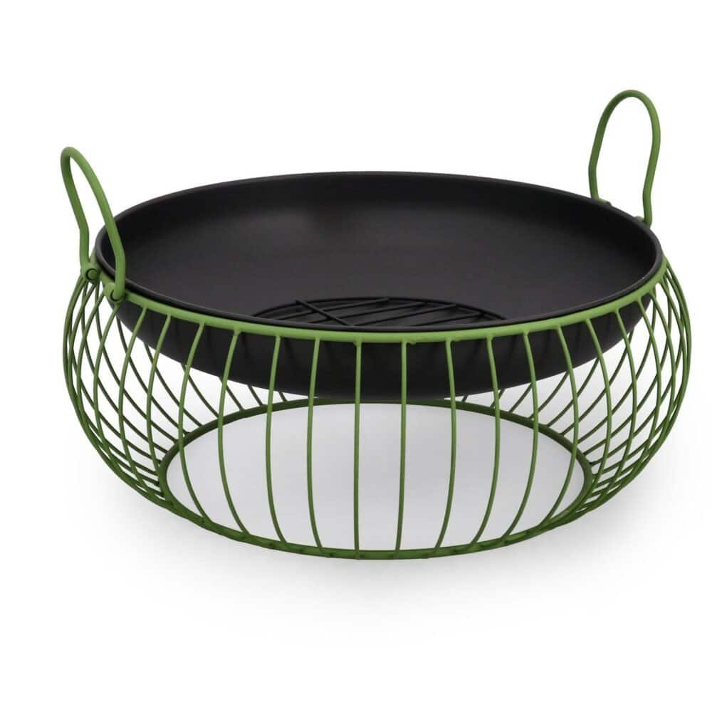 Vassoio decorativo in metallo verde con ripiano nero e fondo bianco, perfetto per l'arredo.