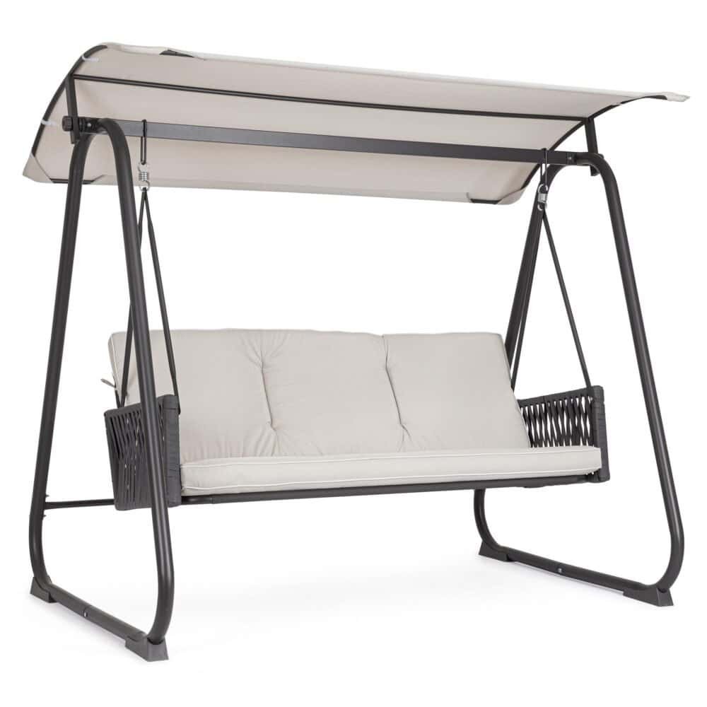 Comodissima altalena da giardino con struttura in metallo e seduta imbottita, perfetta per esterni, relax e tempo libero.