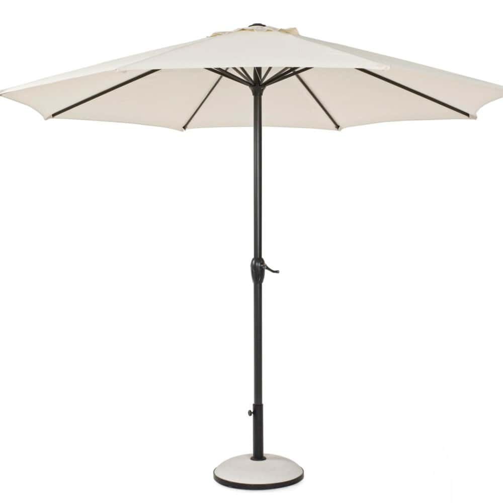 Ombre parasole resistente in tessuto beige, struttura in metallo nero, perfetto per relax all'aperto.