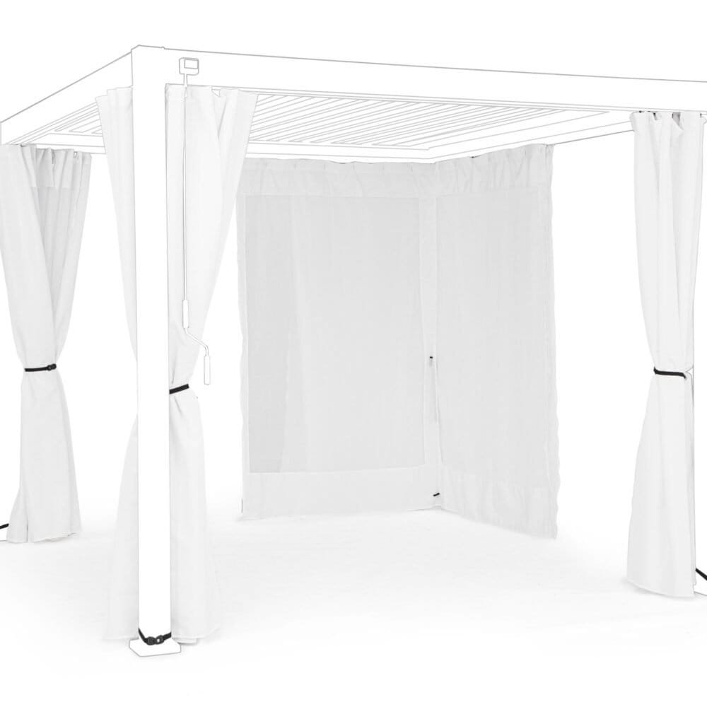 Gazebo bianco con tende eleganti e strutture per matrimoni e feste all'aperto.