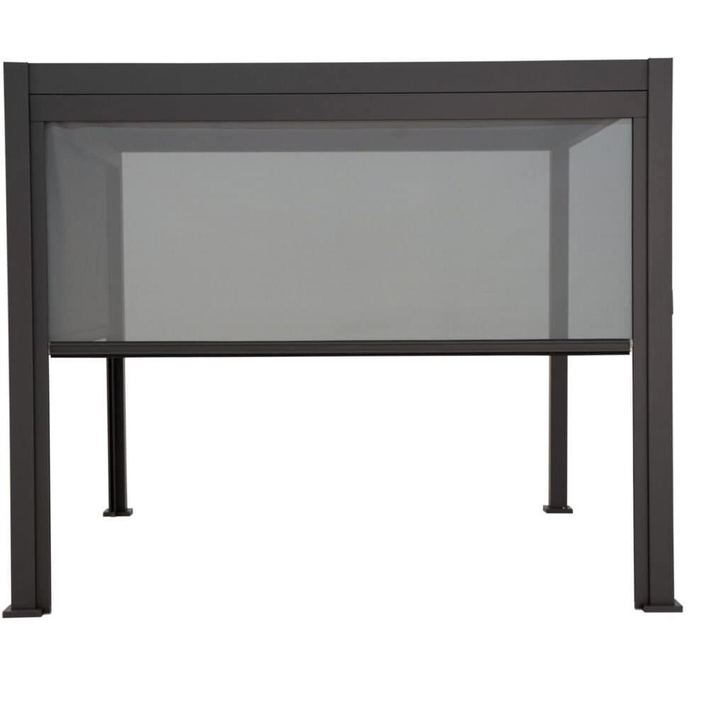 Alt text: Tavolo moderno da esterno con superficie in vetro e struttura in metallo nero, elegante e resistente.