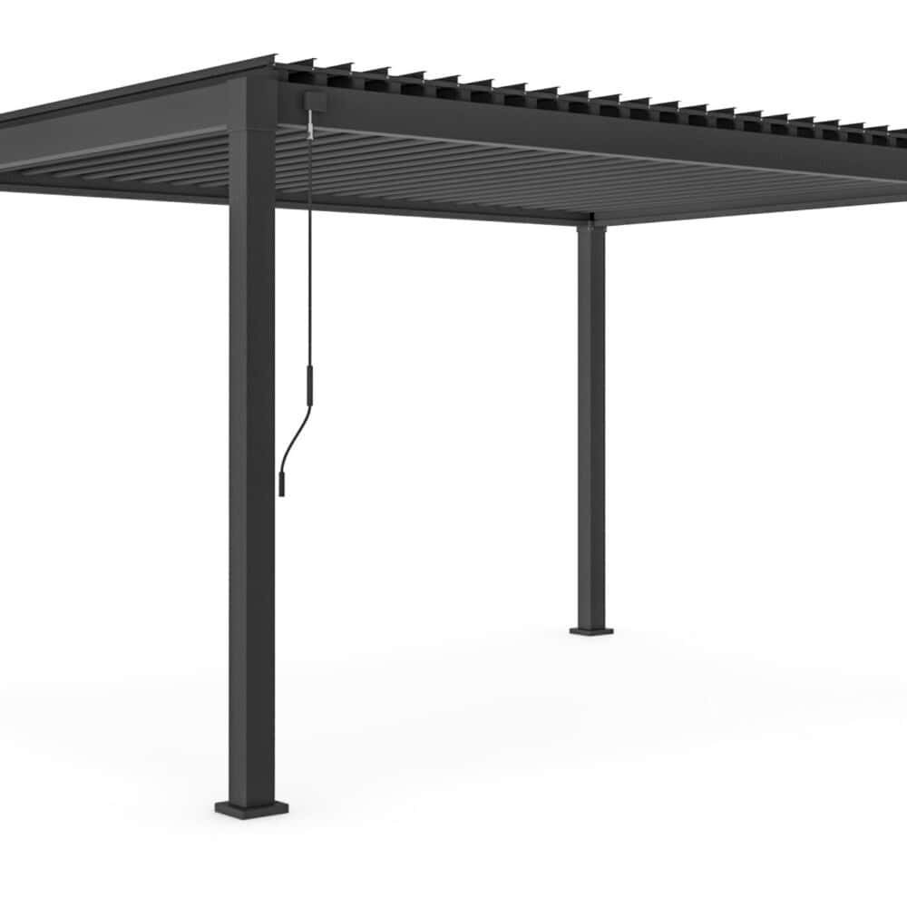 Pergola moderna in lamiera nera, struttura resistente per giardini e aree esterne. Design elegante e durevole.