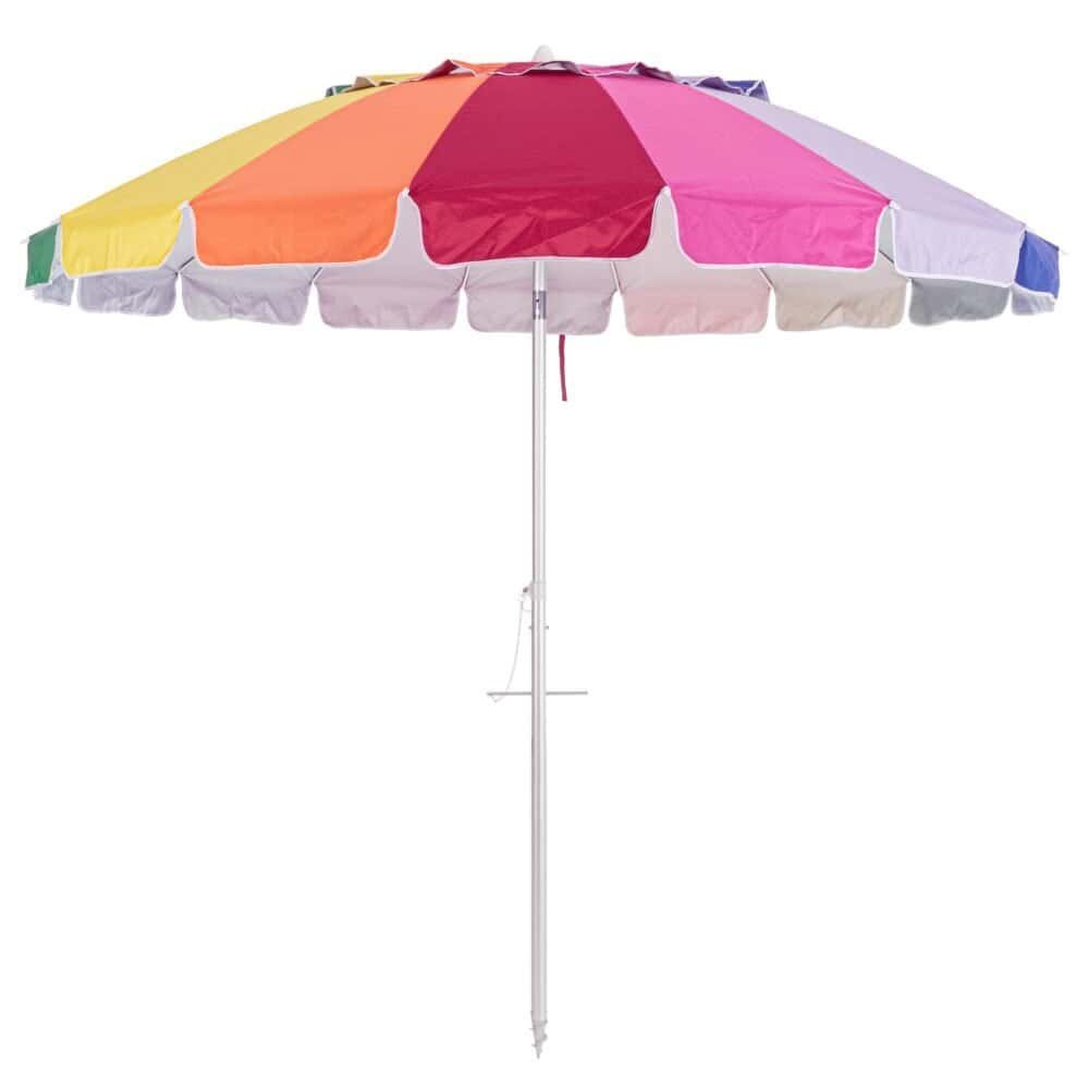 Ombrellone da spiaggia con design multicolore, resistente al sole e vento, perfetto per relax all'aperto.