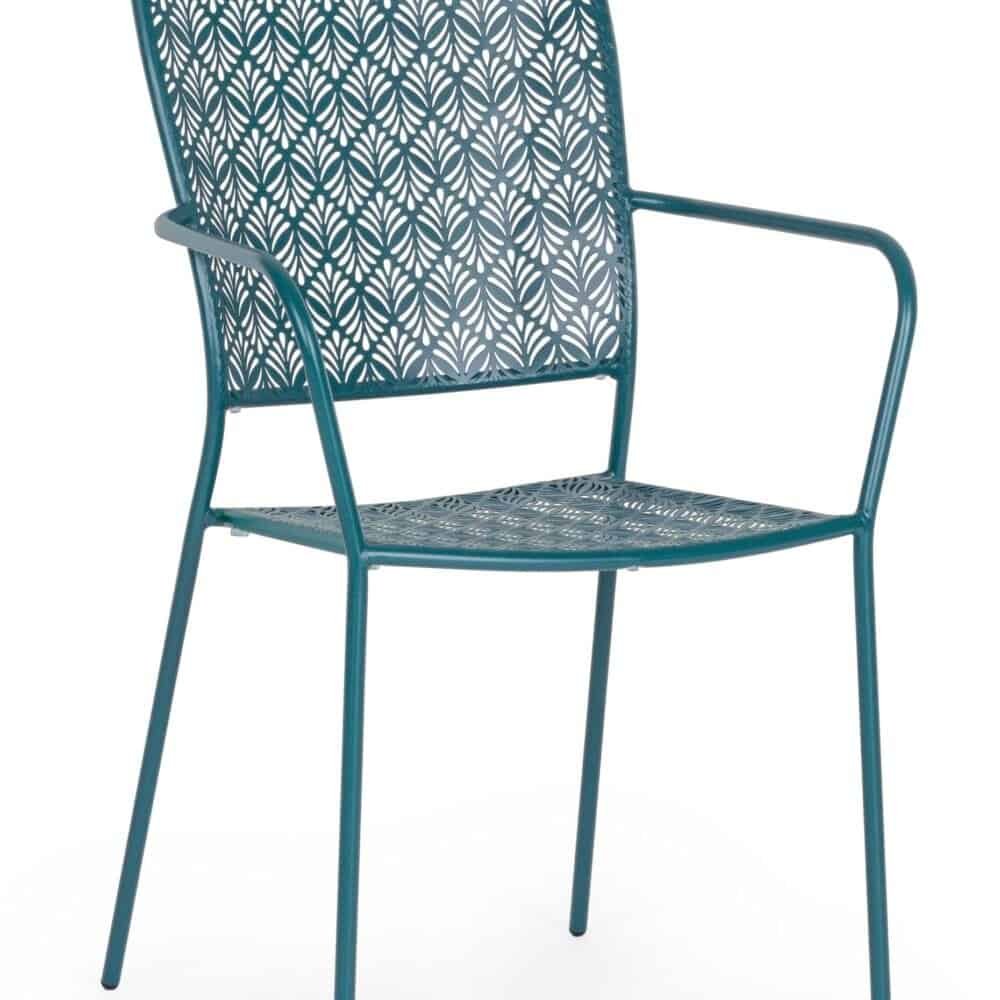 Sedia moderna in metallo blu con decorazione traforata elegante per spazi esterni e interni.