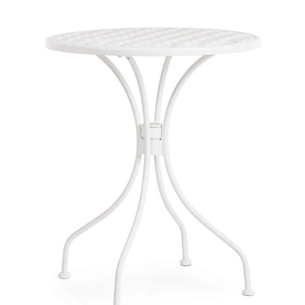 Tavolo da giardino in metallo bianco, ideale per spazi esterni, con struttura resistente e design elegante.