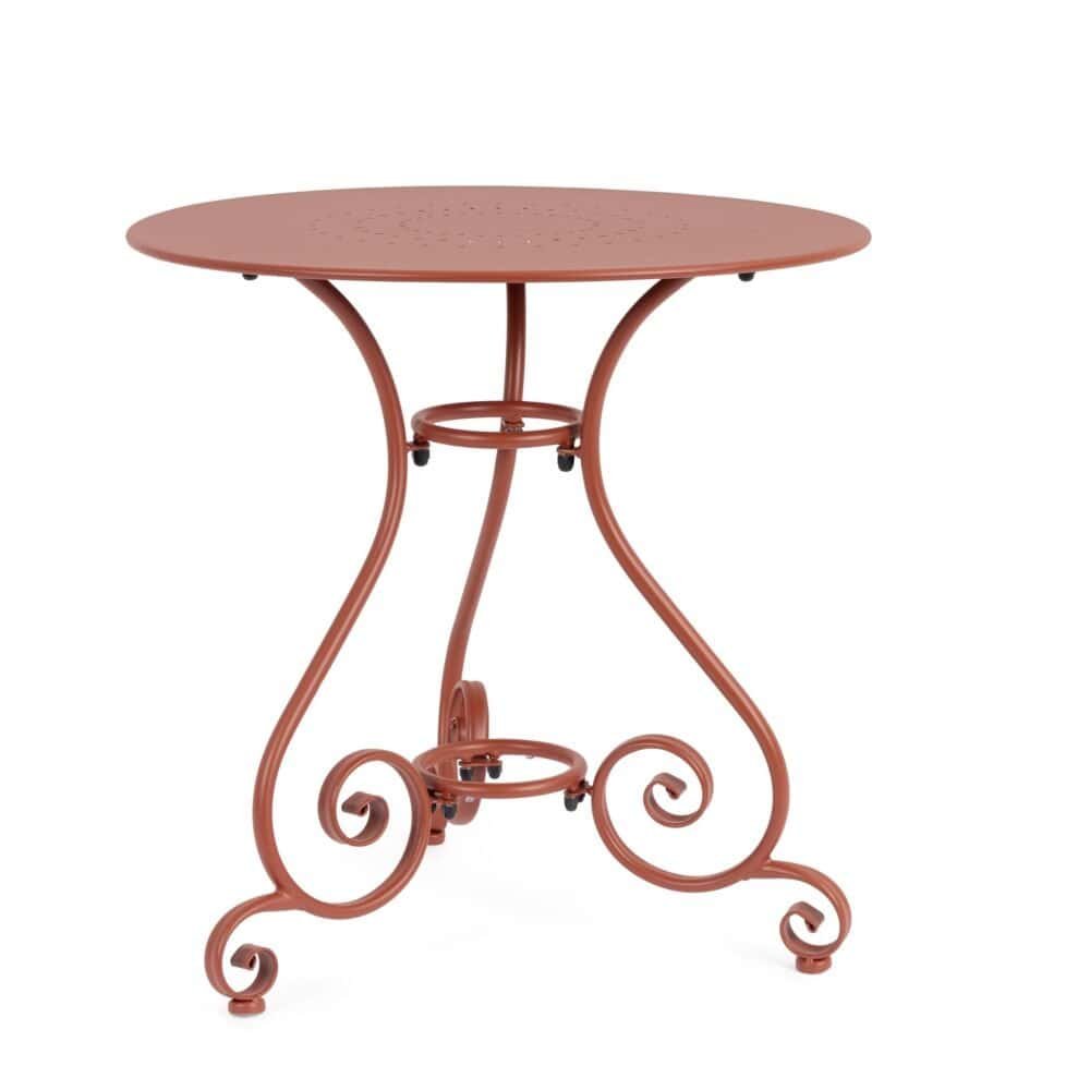 Tavolo rotondo in ferro battuto con design elegante, ideale per esterni e patio.