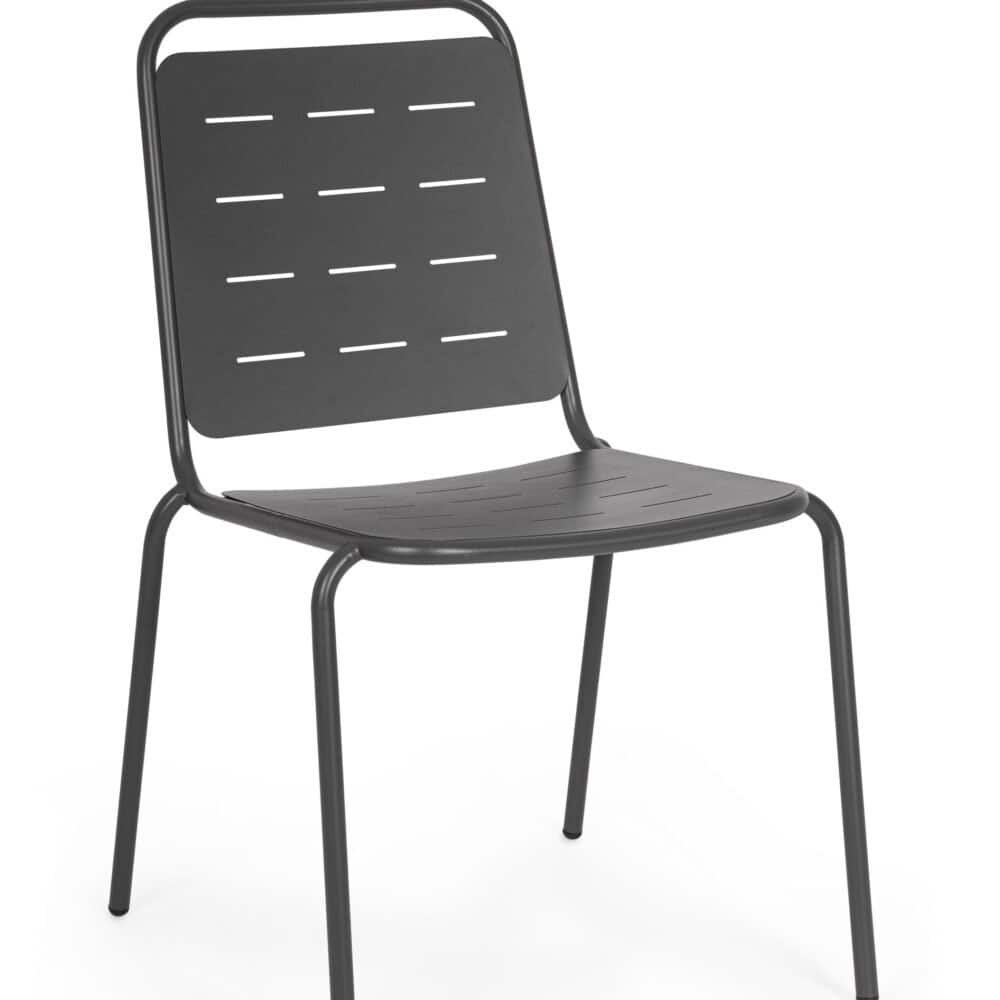 Sedia in metallo nera con seduta e schienale perforati, ideale per interni ed esterni.