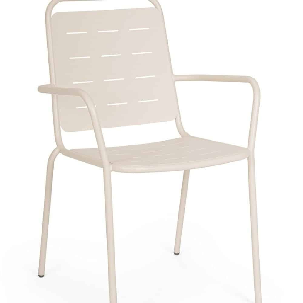 Sedia moderna in metallo bianco con braccioli, ideale per spazi esterni eleganti.