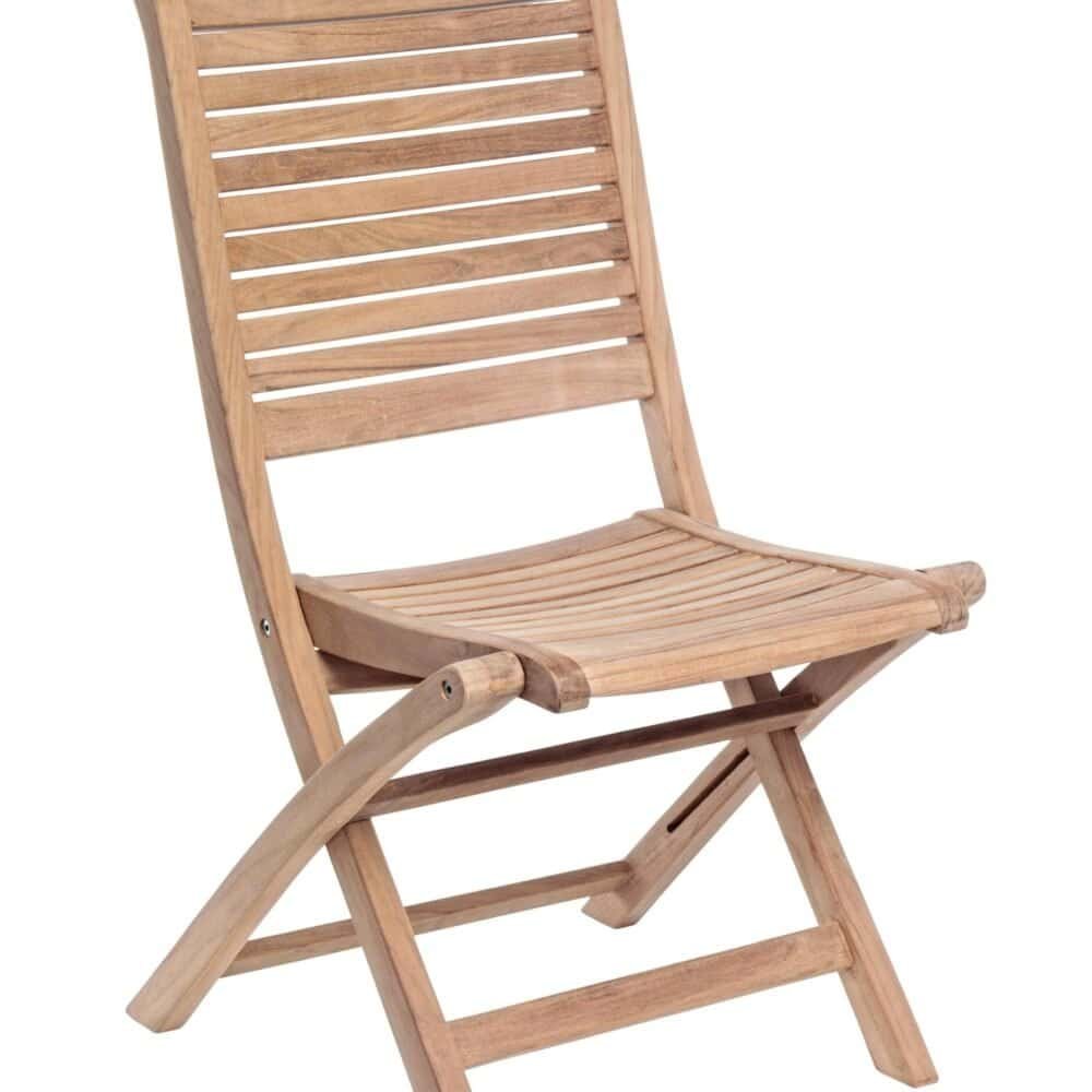 Sedia pieghevole in legno naturale per esterni, ideale per giardini e zone relax all'aperto.