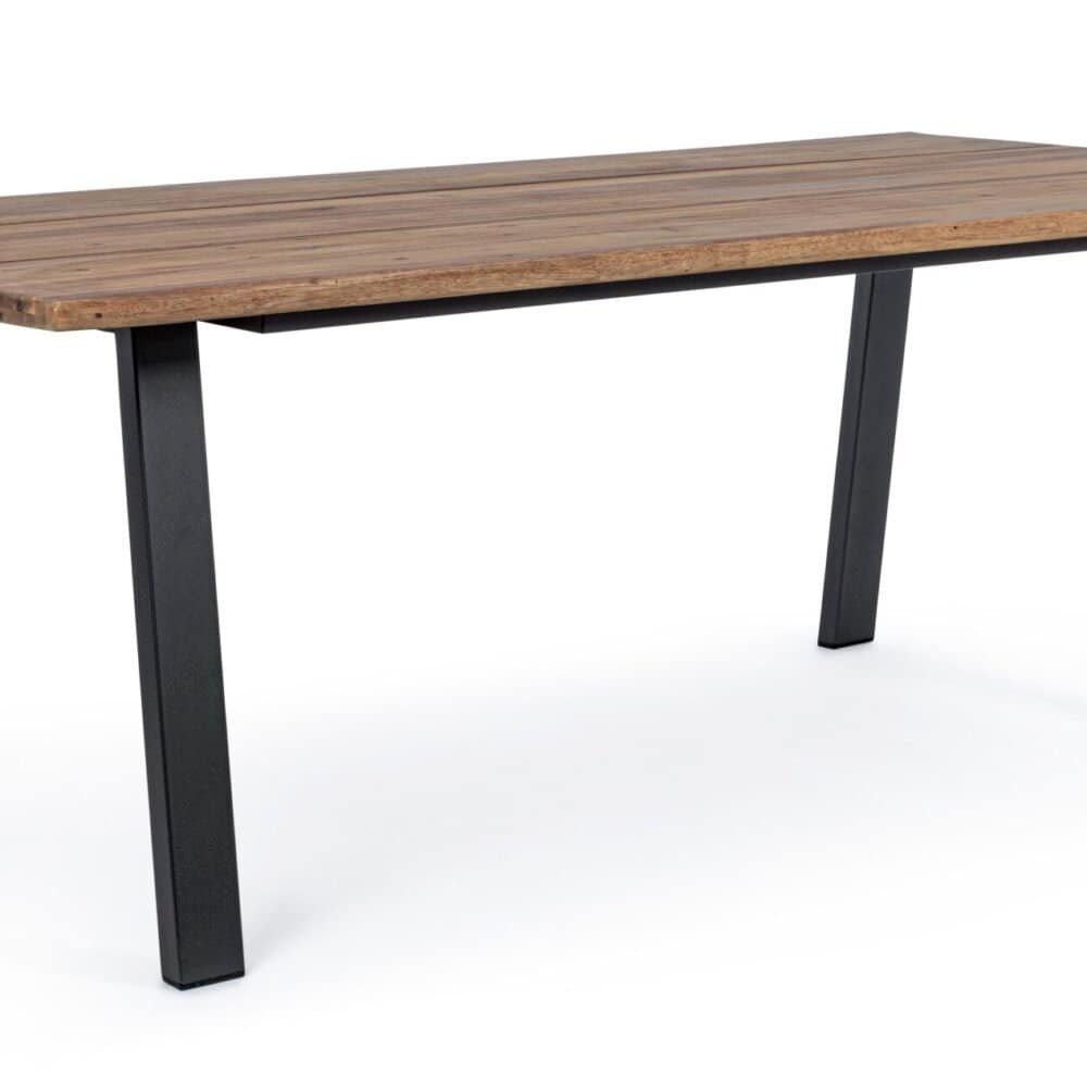 Tavolo moderno in legno con gambe nere, perfetto per la zona pranzo o ufficio.