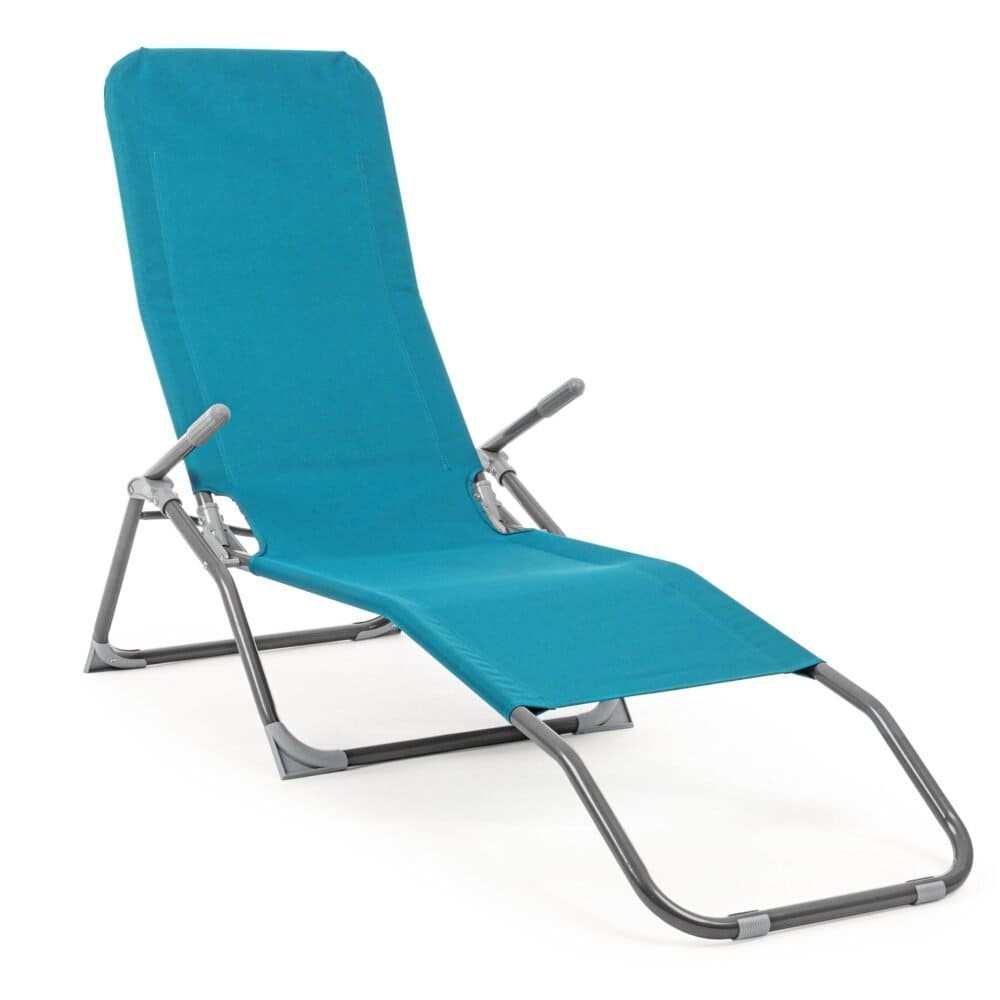 Sdraio da spiaggia trasportabile in tessuto blu, perfetta per il giardino o la spiaggia.