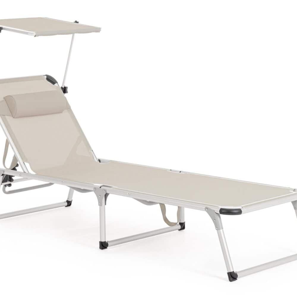 Sedia da spiaggia pieghevole elegante con parasole regolabile, ideale per il relax all'aperto e l'estate.