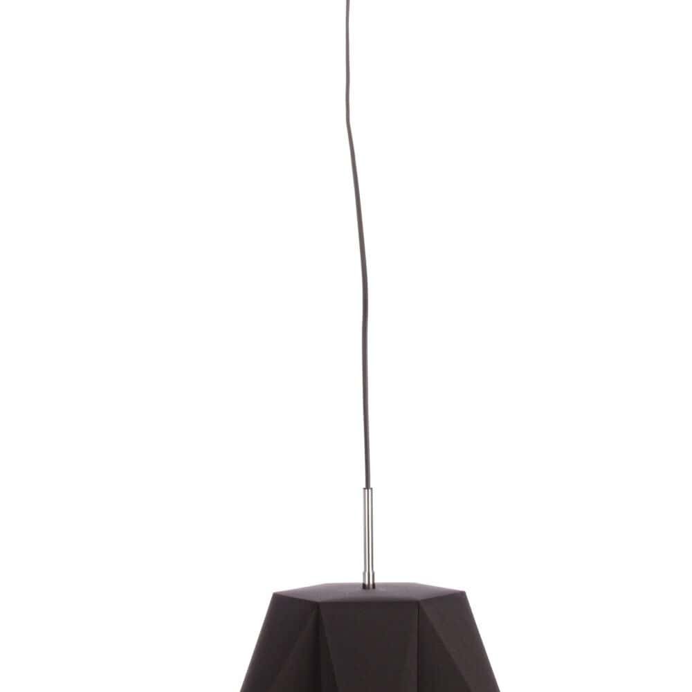 Lampada a sospensione nera con forma geometrica, ideale per ambienti moderni e di design, eco-sostenibile.