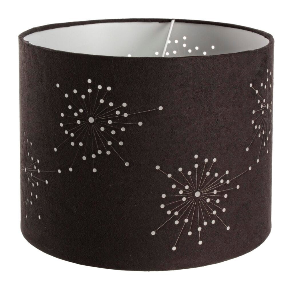 Lampada decorativa nera con motivi geometrici eleganti e luce soffusa per ambienti sofisticati.