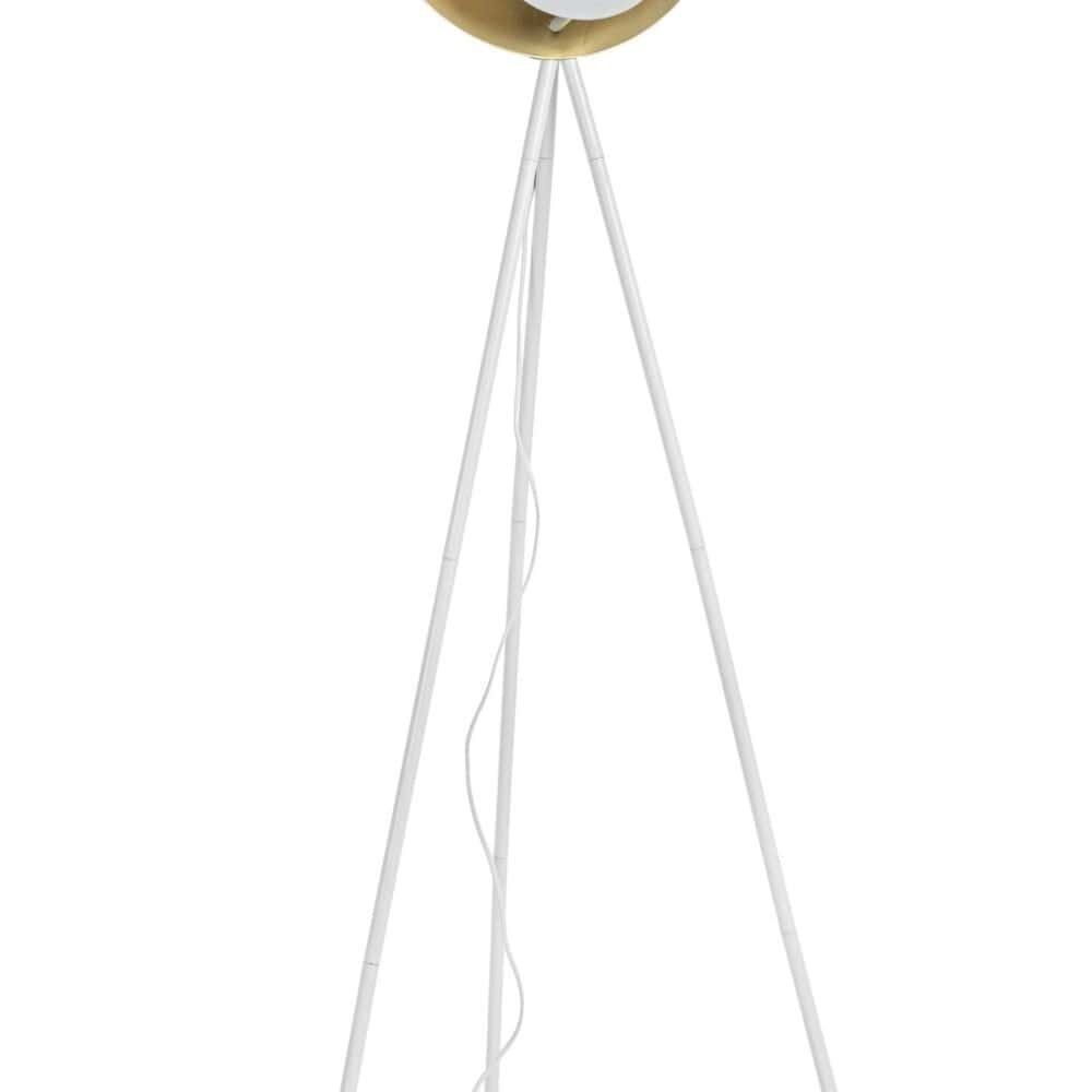 Lampada tripode moderna con finitura dorata e bianca, perfetta per illuminare ambienti di design.