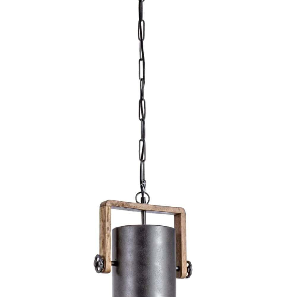 Lampada sospensione industriale in metallo e legno, design moderno e rustico.