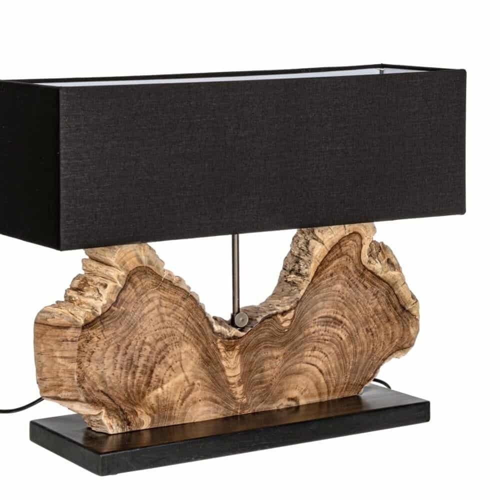 Luminaria di design con base in legno e paralume nero, perfetta per ambienti eleganti e moderni.