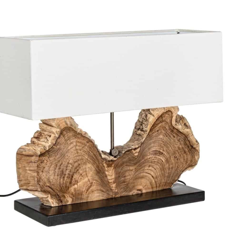 Lampada decorativa in legno naturale con paralume bianco, design unico e raffinato.