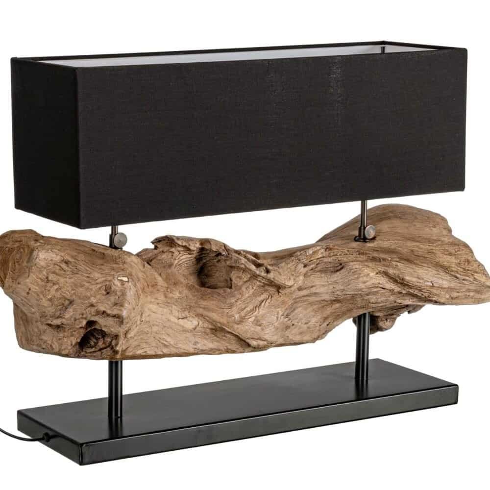 Lampada design in legno naturale e paralume nero, perfetta per arredamento moderno e di classe.