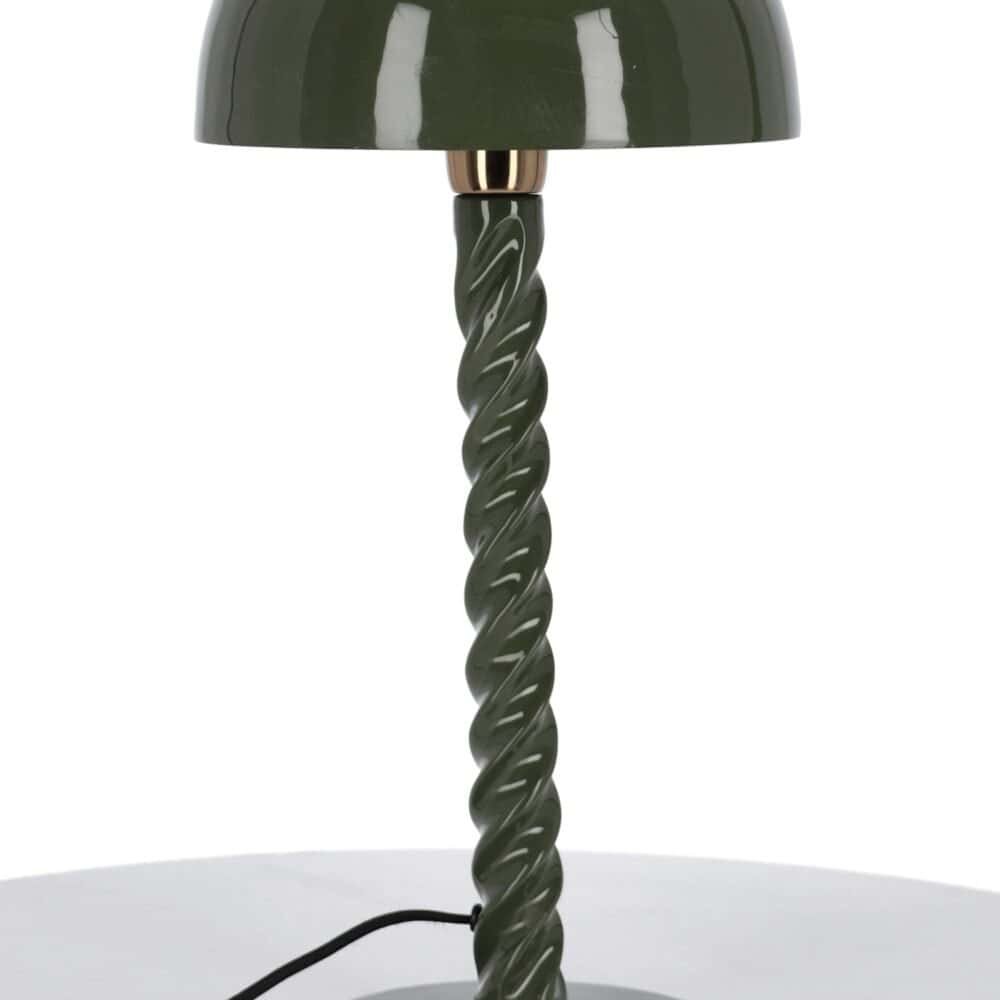 Lampada da tavolo in vetro con base a spirale verde scuro, stile moderno e sofisticato.