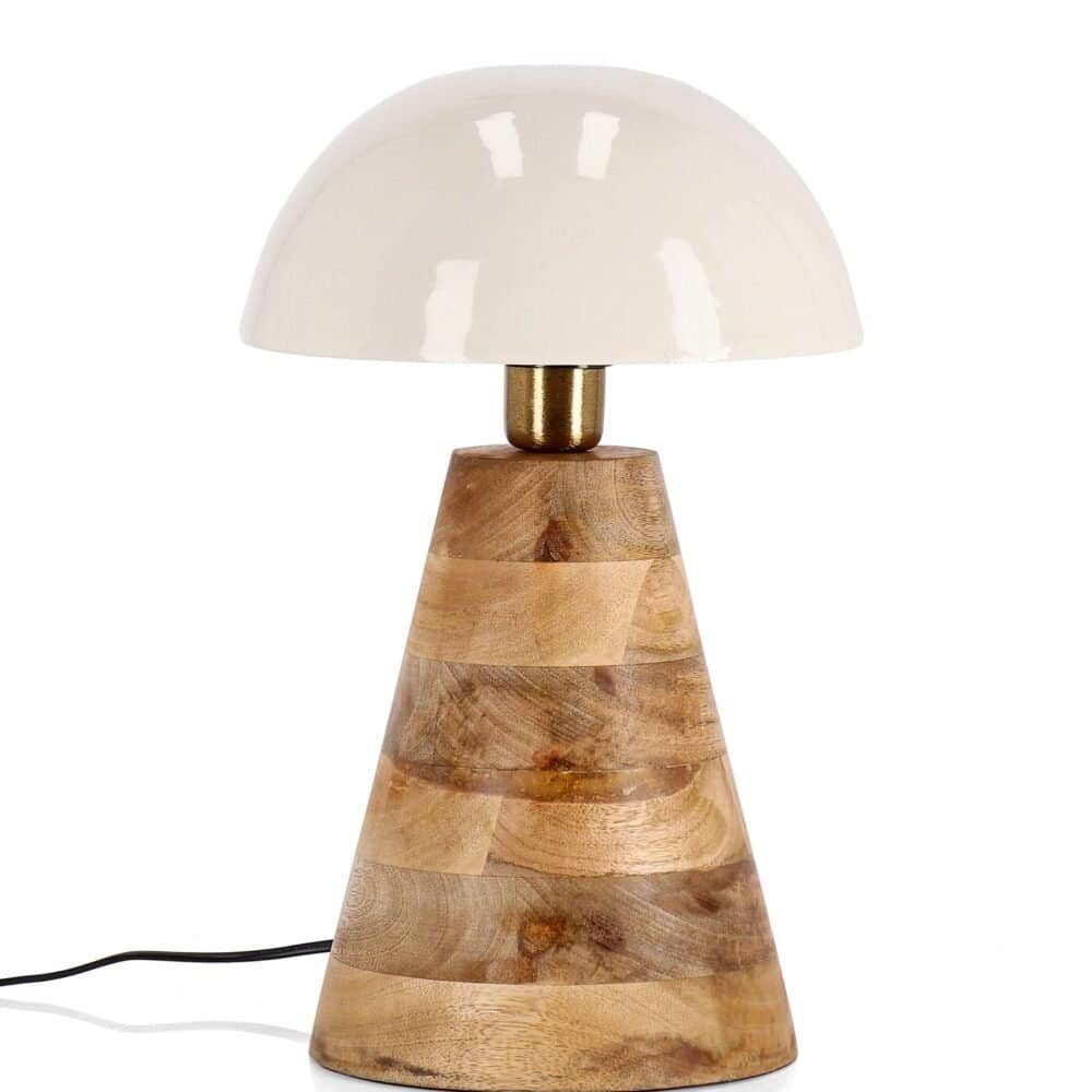 Lampada decorativa in legno con paralume bianco, perfetta per arredo casa moderna e stilosa.