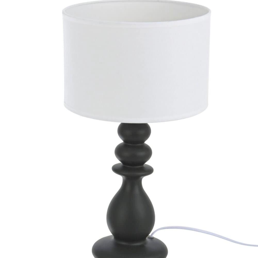 Lampada da tavolo moderna con base nera e paralume bianco, perfetta per ambienti eleganti.