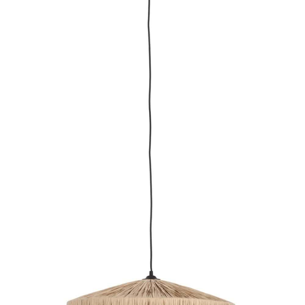 Lampada sospesa con rivestimento in fibra naturale e diffusore in vetro, stile elegante e moderno.