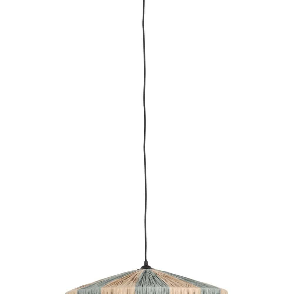 Lampada pendente con paralume multicolore in fibra naturale, moderna e decorativa.