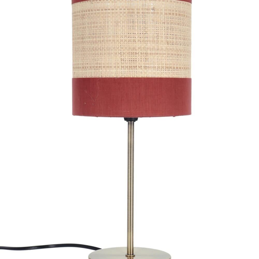 Alt text: Lampada da tavolo con paralume in tessuto beige e rosso, base in metallo dorato, stile rétro.