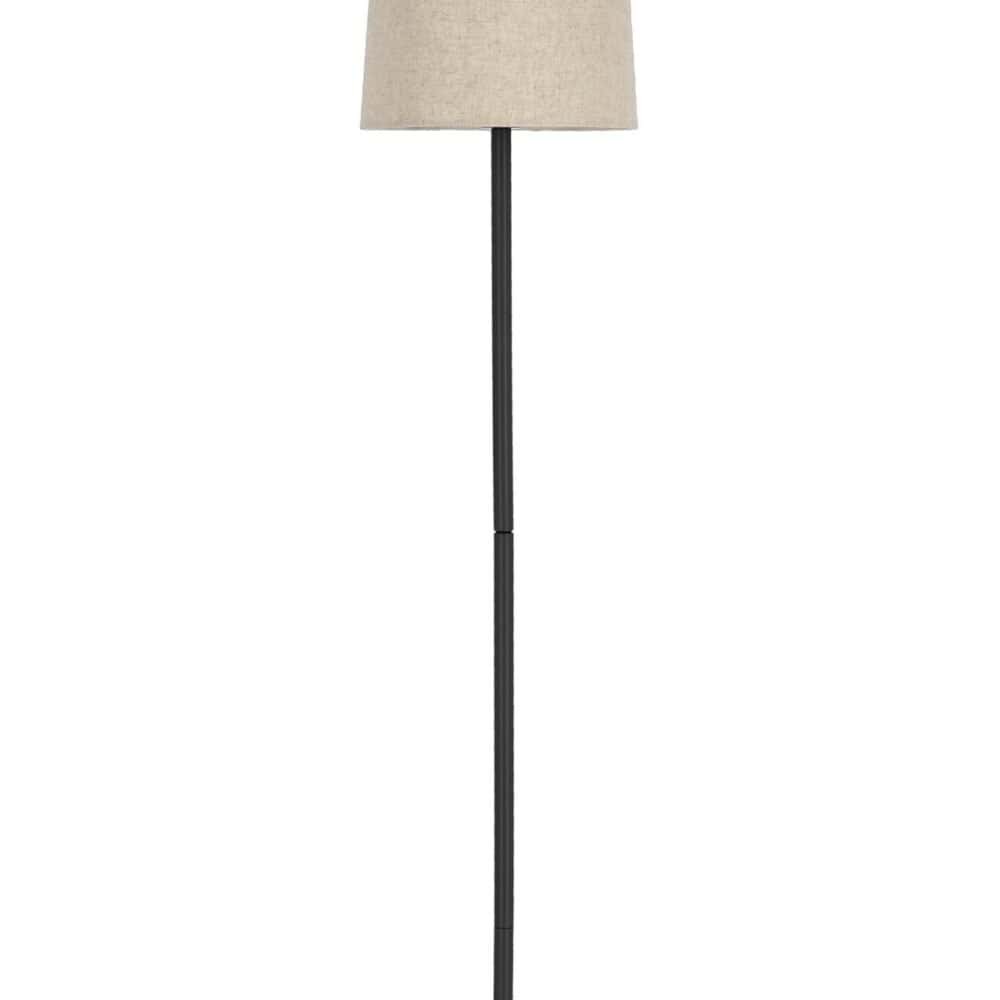 Lampada da terra moderna con paralume beige e base nera, ideale per ambienti interni eleganti.