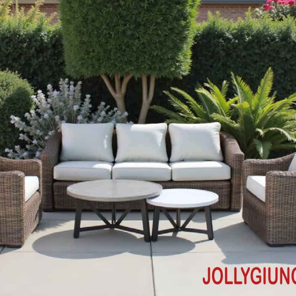 Divano in rattan bianco e tavolini da esterno su patio immerso nel verde.