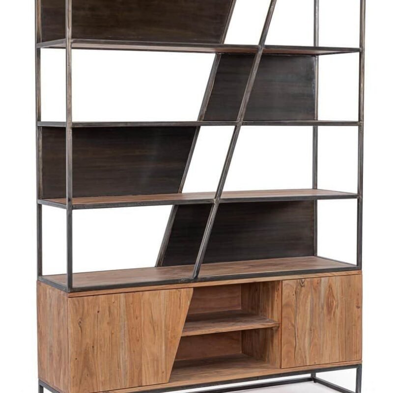 Libreria di design in legno e metallo, scaffali eleganti e funzionali per arredare il soggiorno o studio.