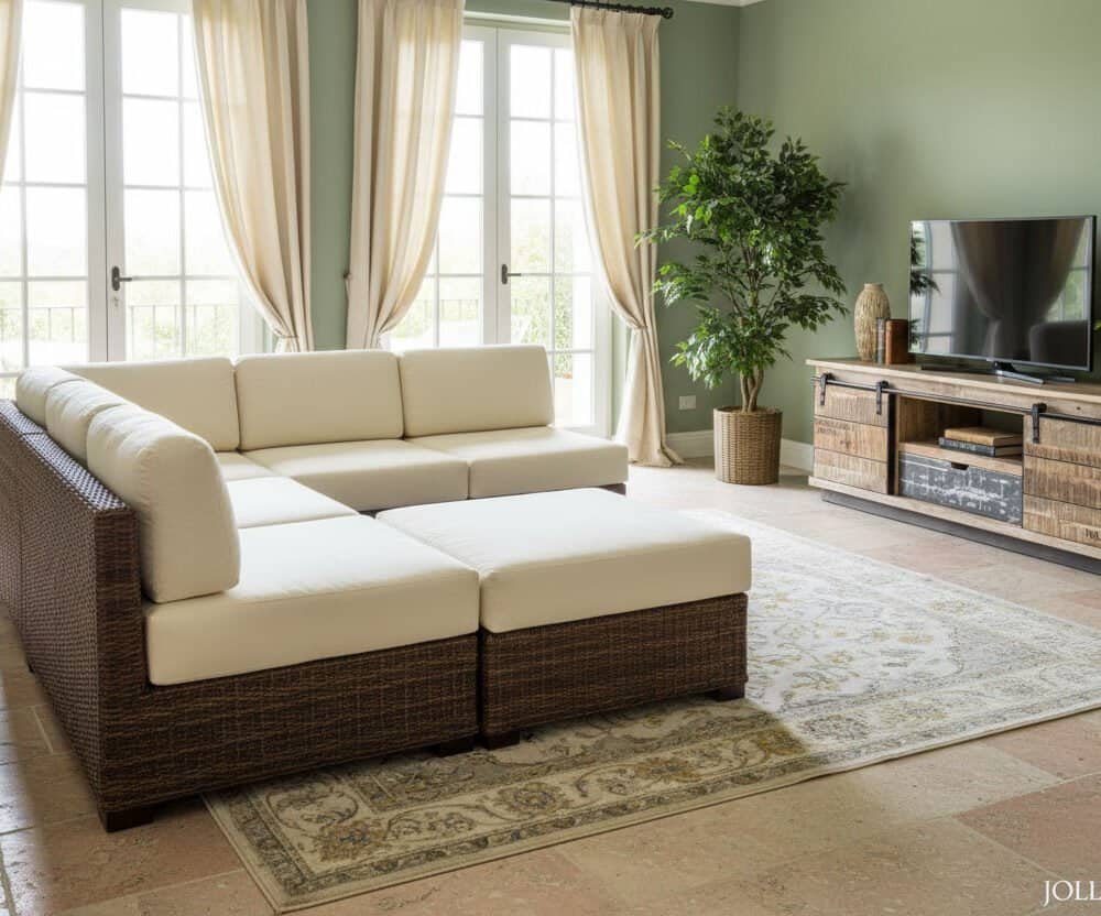 Divano in rattan e tessuto con ampie finestre e TV in soggiorno.