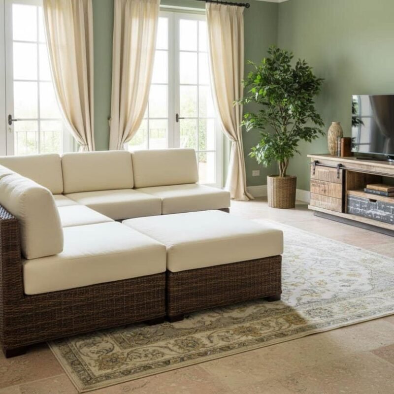 Divano in rattan e tessuto con ampie finestre e TV in soggiorno.