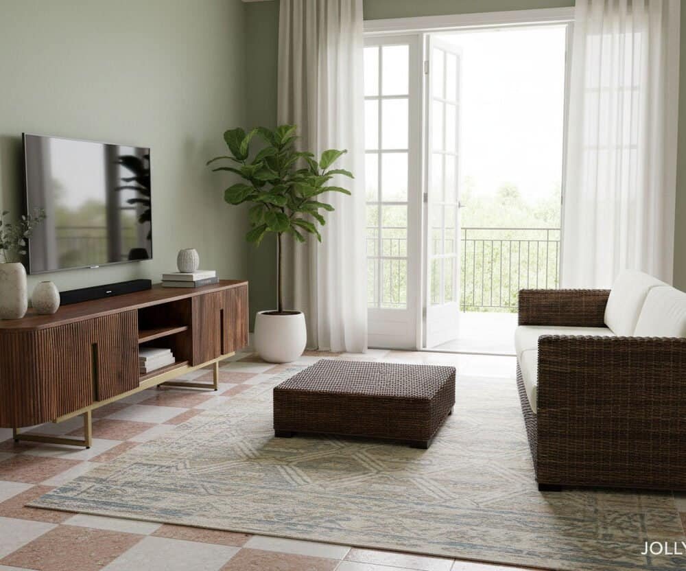 Porta TV mobile in stile Vilas con spazio di stoccaggio elegante.