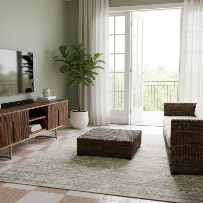 Porta TV mobile in stile Vilas con spazio di stoccaggio elegante.