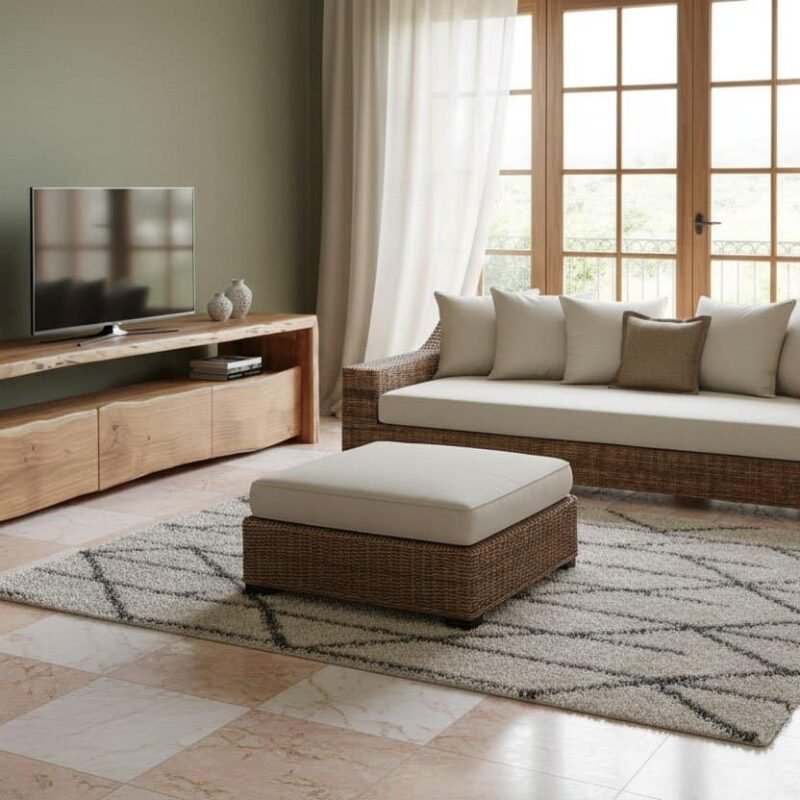 Divano in vimini con cuscini e grande finestra luminosa.