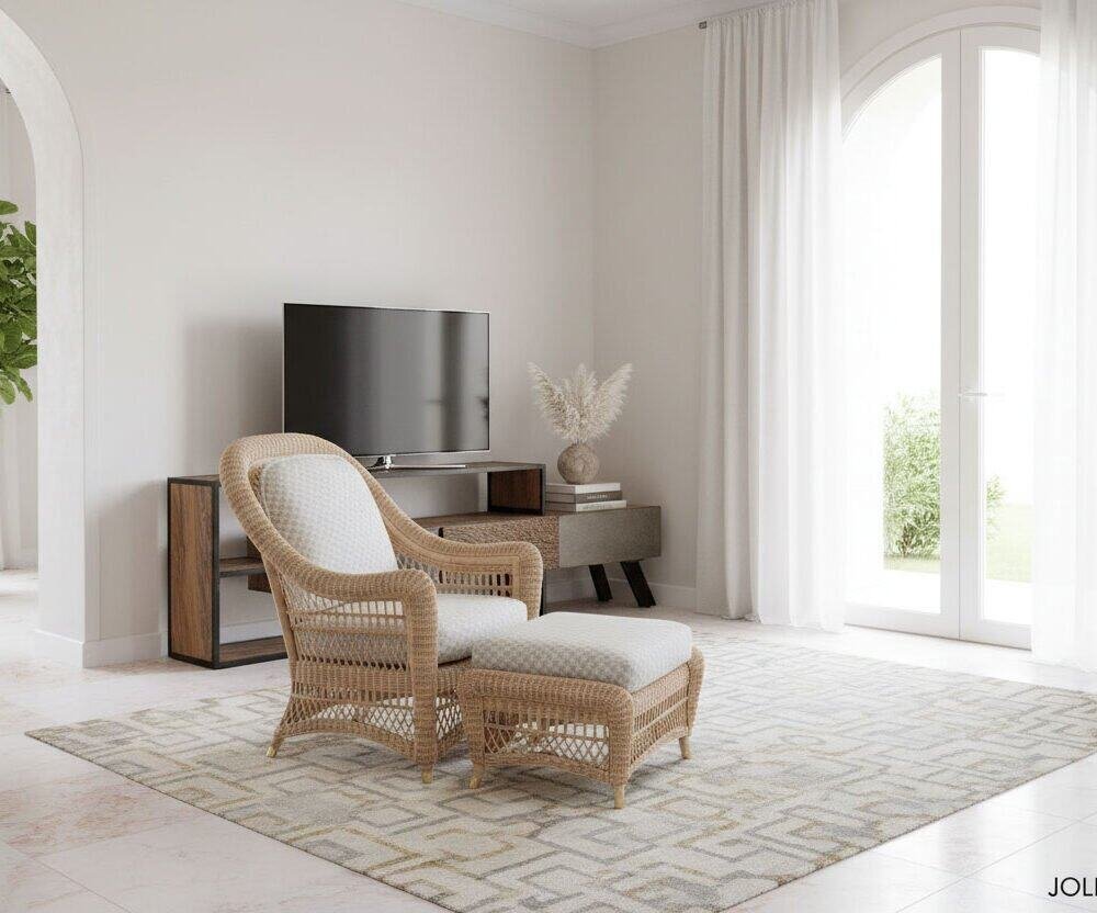 Porta TV mobile in stile moderno con spazio di stoccaggio.