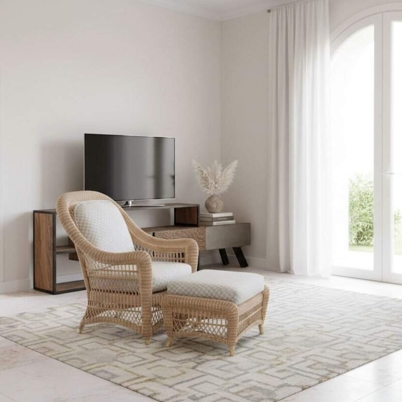 Porta TV mobile in stile moderno con spazio di stoccaggio.