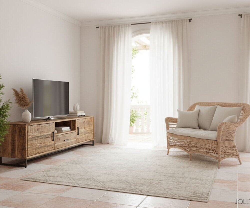 Mobile porta TV elegante in legno con spazio per dispositivi elettronici.