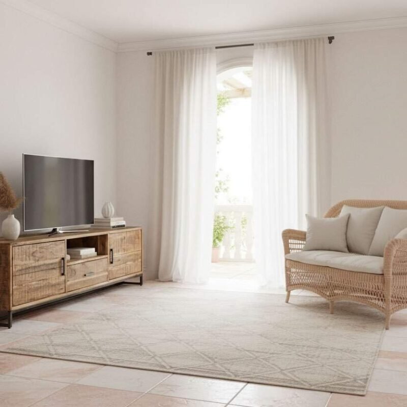 Mobile porta TV elegante in legno con spazio per dispositivi elettronici.