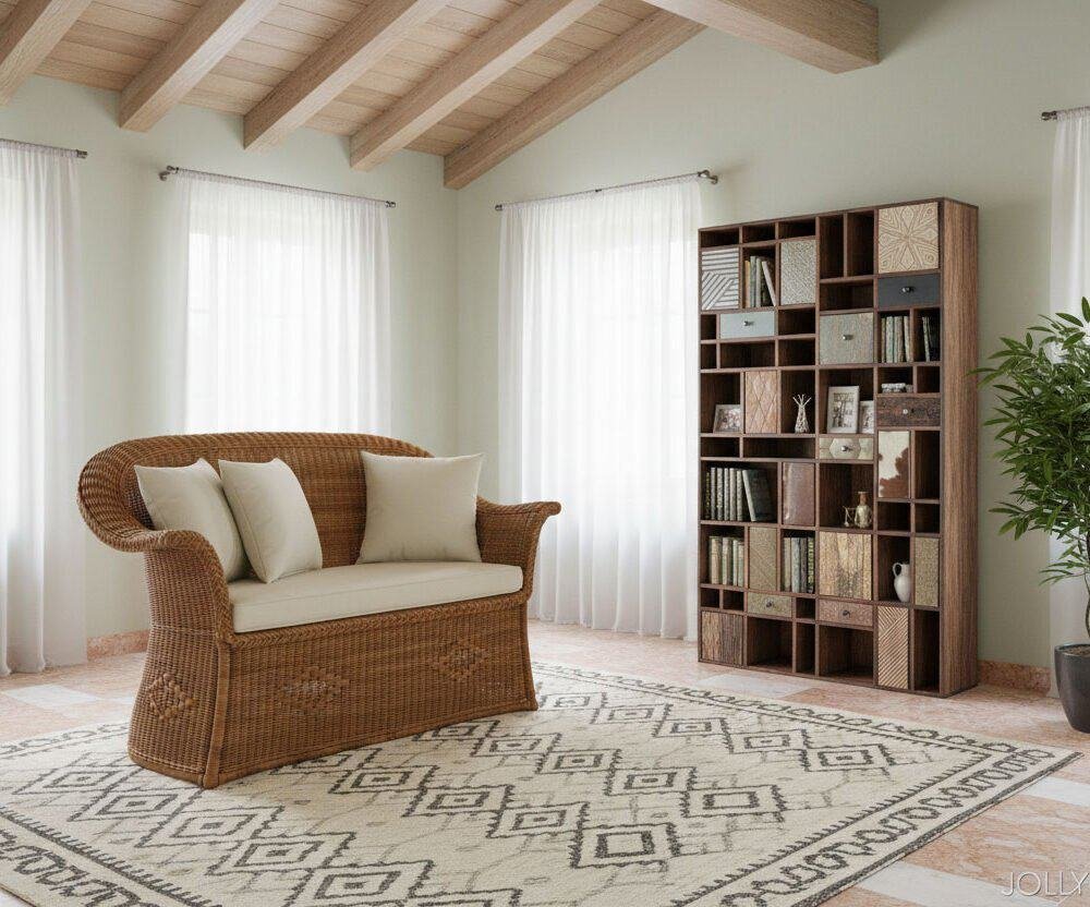 Libreria 10A-7C Dhaval, arredo soggiorno con libreria moderna e divano in rattan.