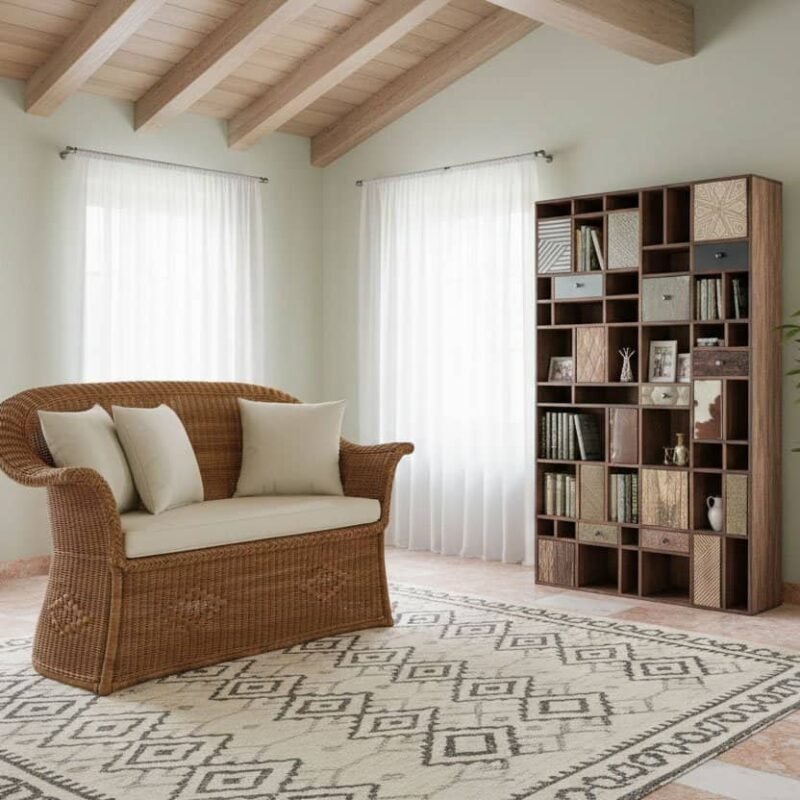 Libreria 10A-7C Dhaval, arredo soggiorno con libreria moderna e divano in rattan.